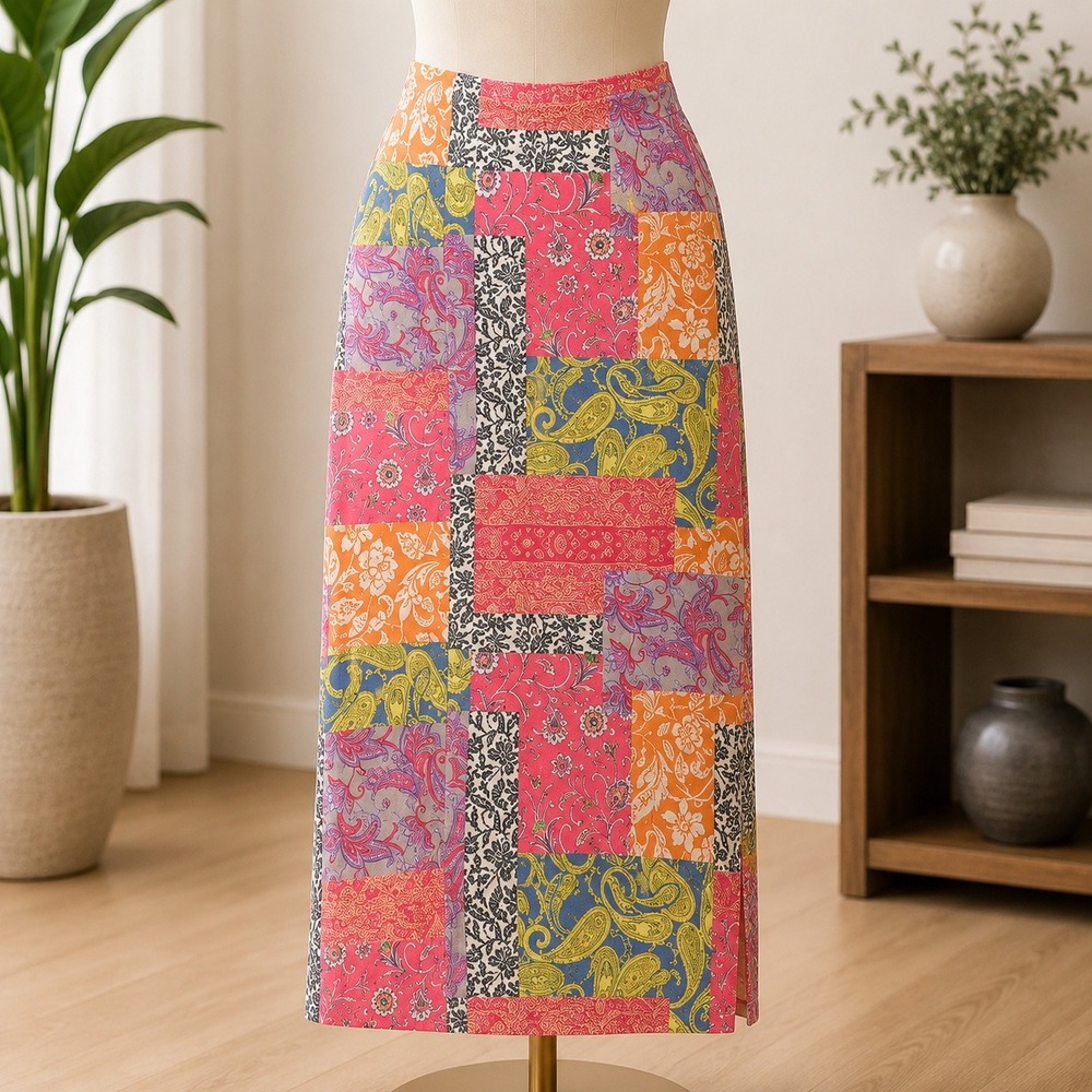 NWT Cupshe Maxi Skirt Womens Medium Pink Orange Patchwork Paisley Floral Boho